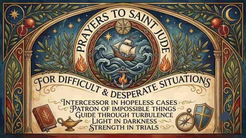 A vintage ornate poster titled "Prayers to Saint Jude for Difficult & Desperate Situations," featuring a central illustration of a ship sailing on stormy seas with an anchor and flame, framed by decorative arches, olive branches, stars, pomegranates, and traditional spiritual symbols.