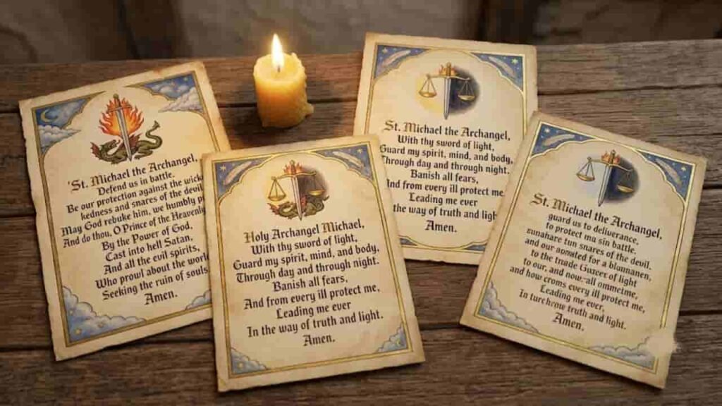 An illuminated parchment prayer card displaying a traditional prayer to Saint Michael the Archangel rests on a rustic wooden surface beside a lit beeswax candle.