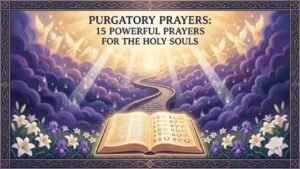 A illustration featuring an open book labeled with 15 numbered entries, set against a backdrop of glowing heavenly light, a winding path leading into the clouds, celestial angels, floating embers, and white lilies along the foreground "purgatory prayers".