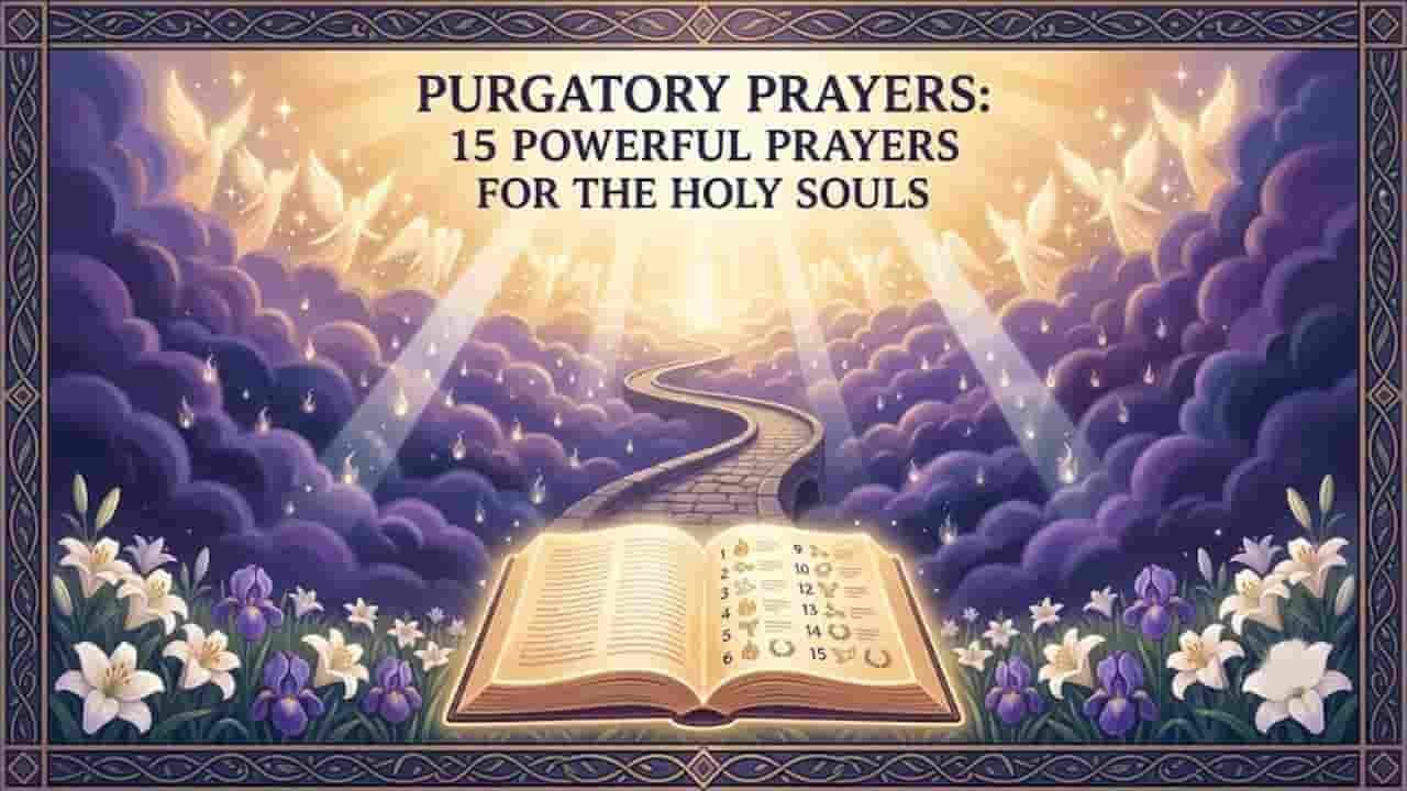 A illustration featuring an open book labeled with 15 numbered entries, set against a backdrop of glowing heavenly light, a winding path leading into the clouds, celestial angels, floating embers, and white lilies along the foreground "purgatory prayers".