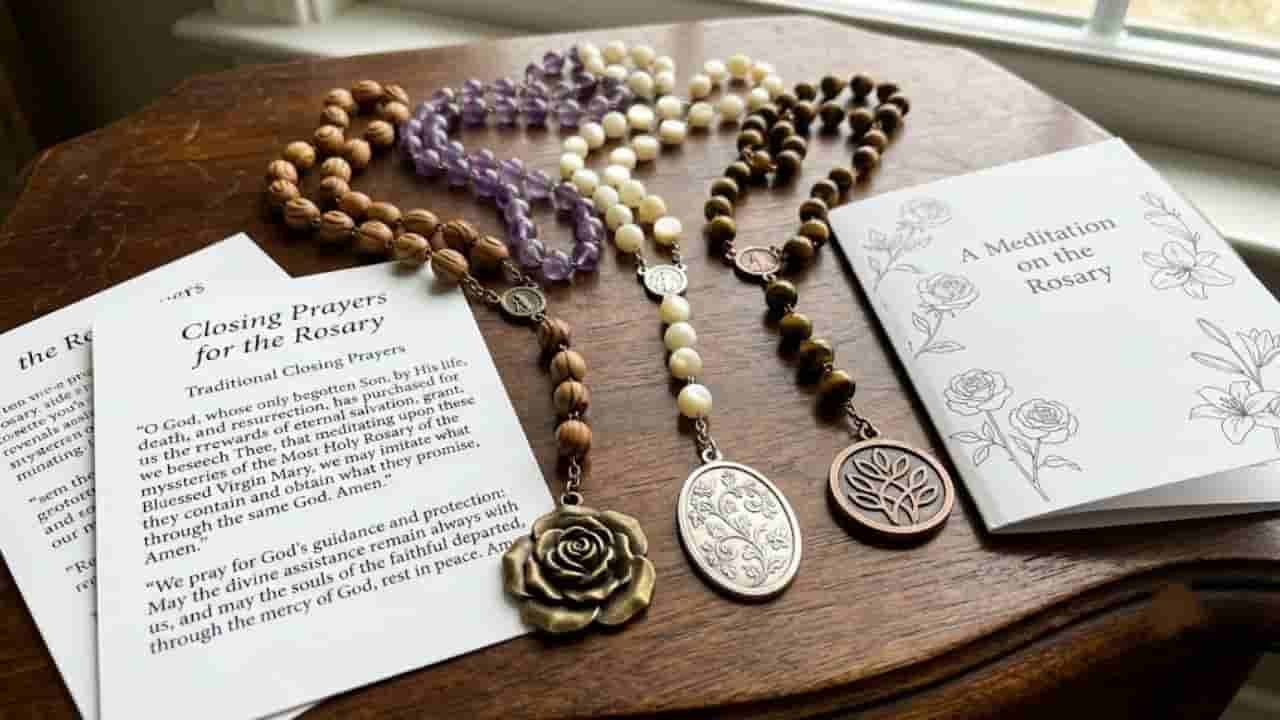 A set of wooden, amethyst, pearl, and tiger's eye rosary beads with floral pendants on a table alongside printed closing prayers and a devotional pamphlet "rosary closing prayers".