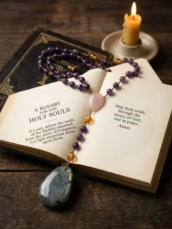 An open vintage prayer book on a wooden surface displays prayer text for the Holy Souls, with a purple bead rosary featuring a teardrop gemstone pendant resting across its pages near a glowing candle.