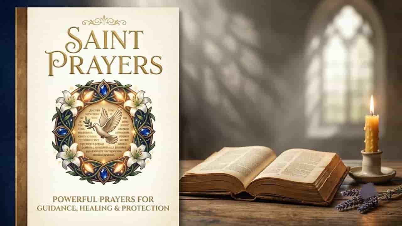 A book cover titled "Saint Prayers: Powerful Prayers for Guidance, Healing & Protection" decorated with a dove and white lilies in an ornate emblem, set beside an open scripture book and a burning candle on a wooden table.