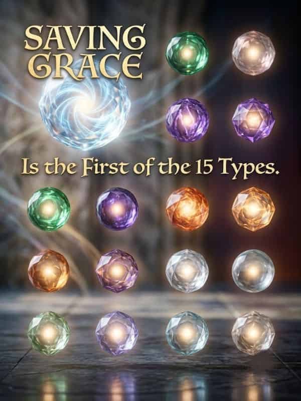 banner featuring glowing, multifaceted crystal orbs in various colors arranged over a dark textured surface, with illuminated text reading "Saving Grace is the first of the 15 Types".