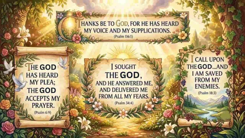 A decorative collage featuring short Bible verses of thanksgiving for answered prayers (Psalm 116:1, Psalm 6:9, Psalm 34:4, and Psalm 18:3) written on elegant parchment scrolls surrounded by lush floral vines, doves, and a radiant sunrise.