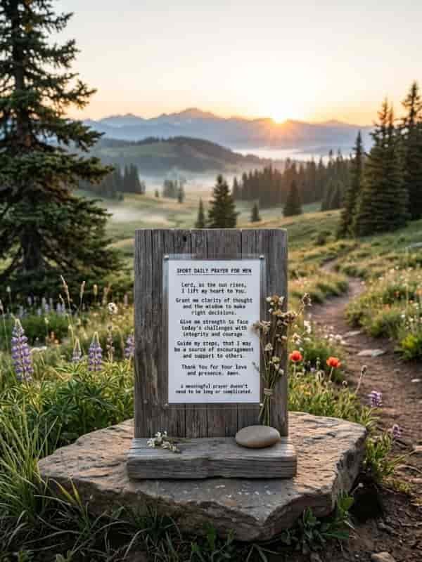 A wooden sign with a printed short daily prayer for men set on a stone plaque along a wildflower-lined mountain trail at sunrise.