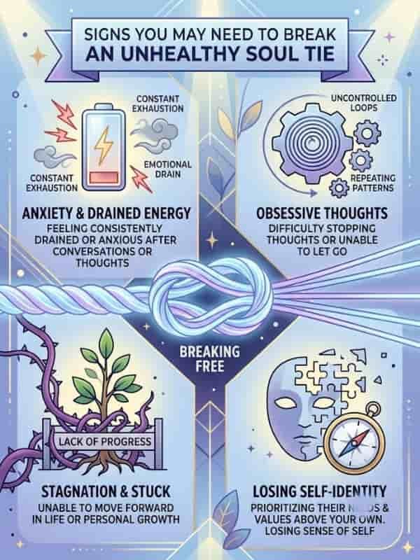 An infographic titled "Signs You May Need to Break an Unhealthy Soul Tie" displaying four core indicators through symbolic illustrations: a low battery symbol for persistent anxiety and drained energy, interlocking gears for obsessive thoughts and repeating loops, a plant tangled in thorns representing personal stagnation, and a dissolving mask beside a compass depicting a loss of self-identity.