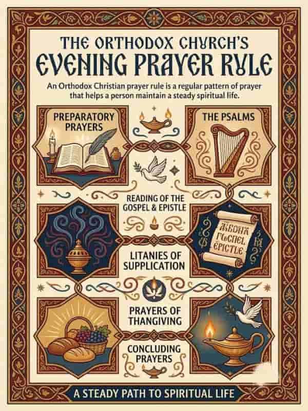An illustrated infographic titled "The Orthodox Church's Evening Prayer Rule" with a central subtitle explaining that a prayer rule helps maintain a steady spiritual life. The layout features decorative framed panels with traditional Orthodox art motifs depicting steps such as Preparatory Prayers, The Psalms, Reading of the Gospel & Epistle, Litanies of Supplication, Prayers of Thanksgiving, and Concluding Prayers. Icons include an open book with a candle, a harp, a censer, an ancient scroll, bread and grapes, and oil lamps with doves.