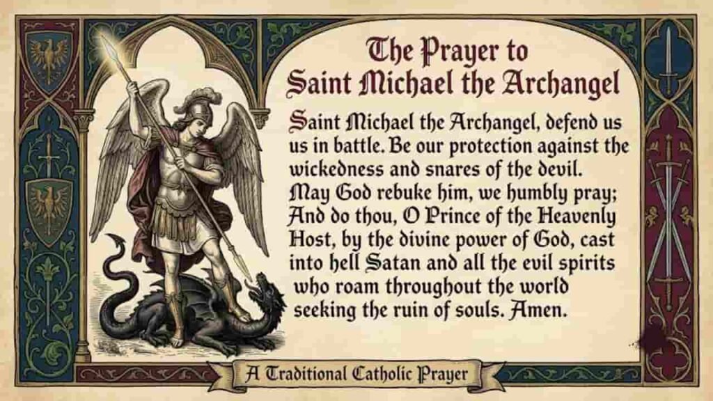 An illuminated manuscript illustration displaying "The Prayer to Saint Michael the Archangel" in traditional calligraphy alongside an artwork of Archangel Michael wielding a spear against a dragon.