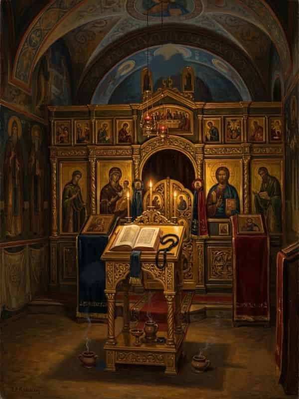 An open liturgical book rests on an ornate wooden lectern inside a dimly lit Orthodox church, illuminated by candles and surrounded by glowing icons.