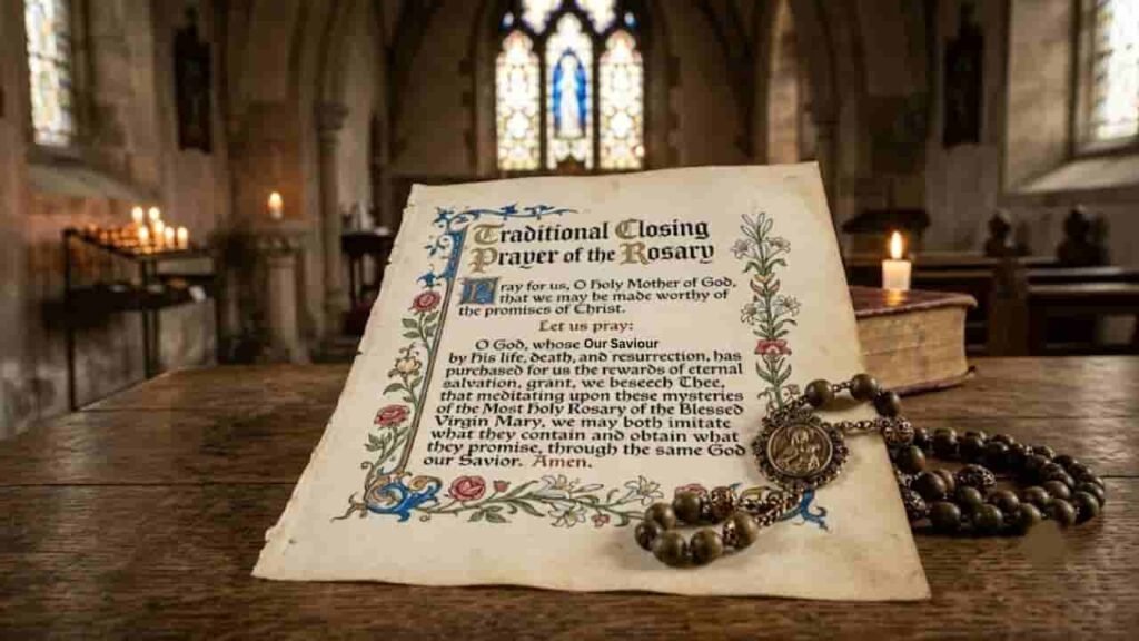 An illuminated parchment featuring the traditional closing prayer of the Rosary resting on a wooden altar table alongside wooden rosary beads, with glowing candles and stained glass windows in a church background.