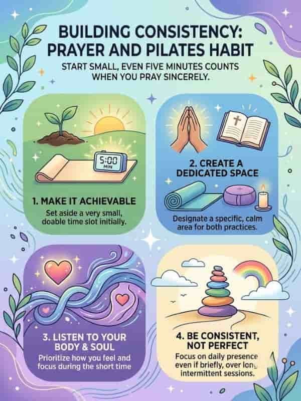 An infographic illustrating tips for building a consistent prayer and Pilates habit, featuring four colorful panels with serene botanical borders, a rolled yoga mat, a 5-minute timer, stacked balancing stones, and uplifting advice centered on starting small.