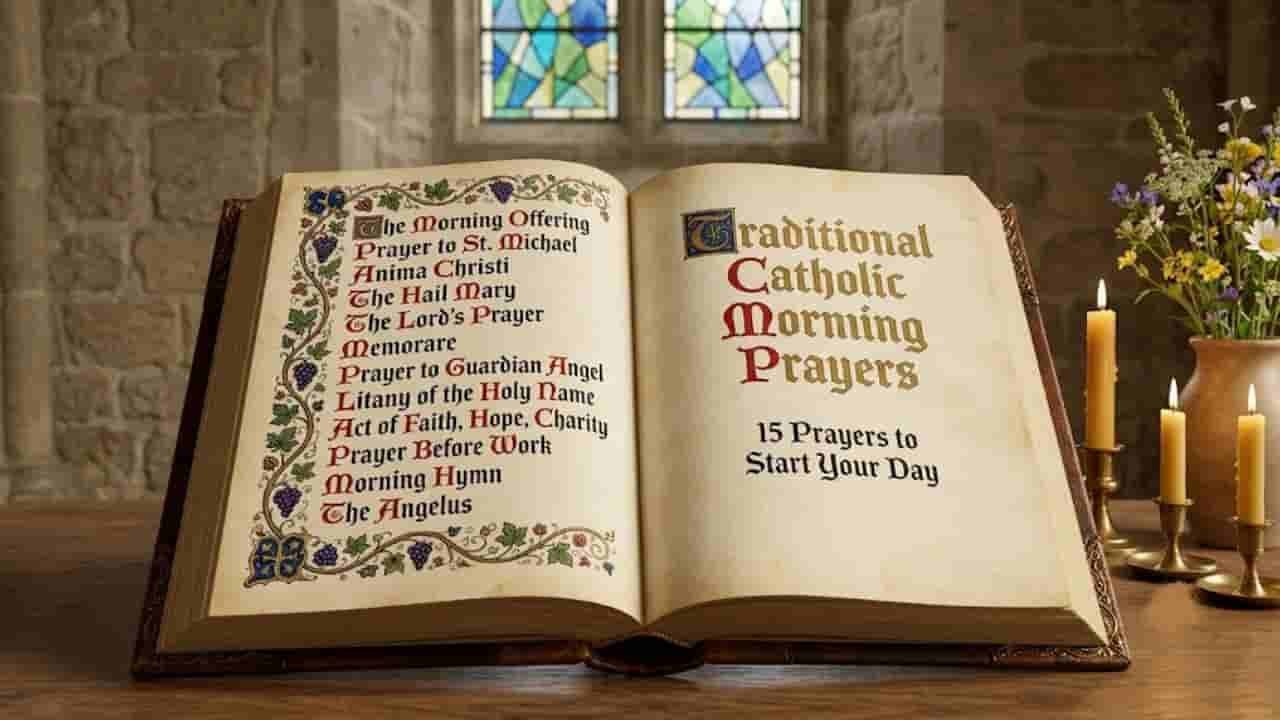 An open, illuminated manuscript sitting on a wooden table beside lit candles and fresh flowers, featuring the text "Traditional Catholic Morning Prayers: 15 Prayers to Start Your Day" alongside a list of classic prayers.
