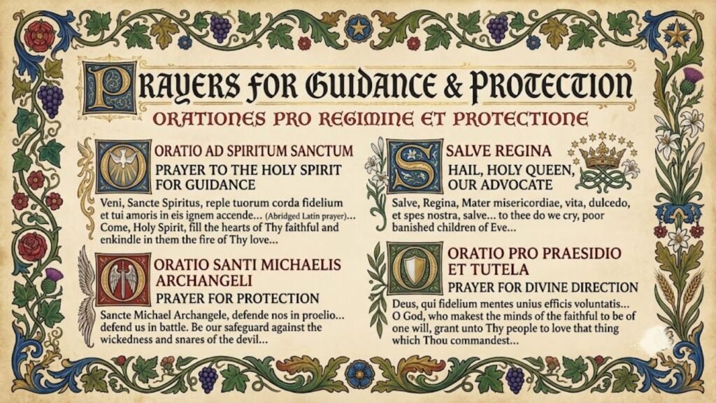 An illuminated manuscript style artwork displaying traditional Catholic prayers for guidance and protection in Latin and English, bordered by intricate floral vines, leaves, and grapes, with symbolic icons representing each prayer.