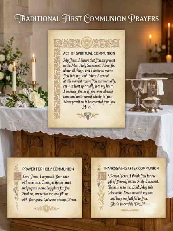 An image featuring three traditional First Communion prayers printed on parchment-style cards set against an altar with lit candles, flowers, a chalice, and communion wafers.