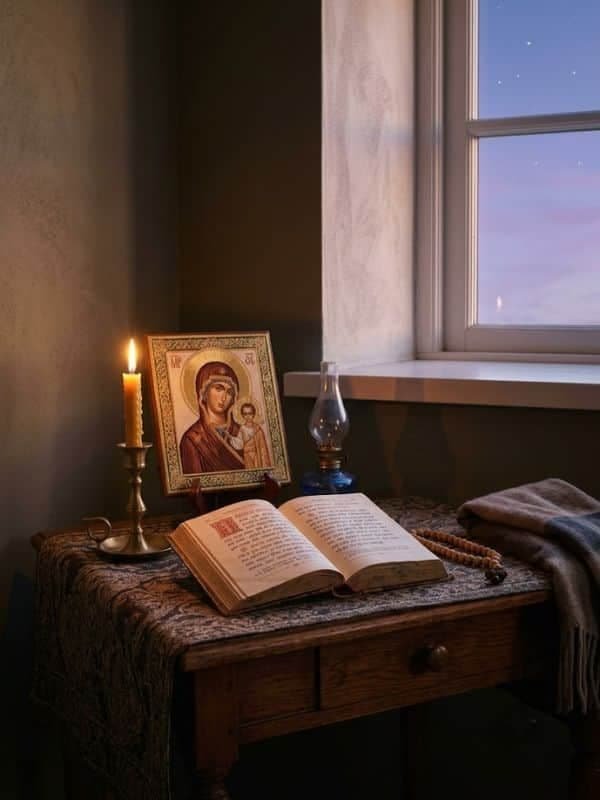 An open prayer book sits on a table alongside a glowing candle, prayer rope, and oil lamp before a window at twilight.