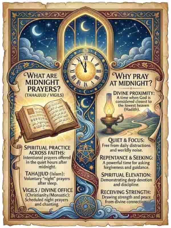 An illustrated infographic poster with a vintage parchment texture explaining midnight prayers, featuring a central clock tower set to midnight surrounded by an illuminated open scripture book, an oil lamp, crescent moons, and stars.