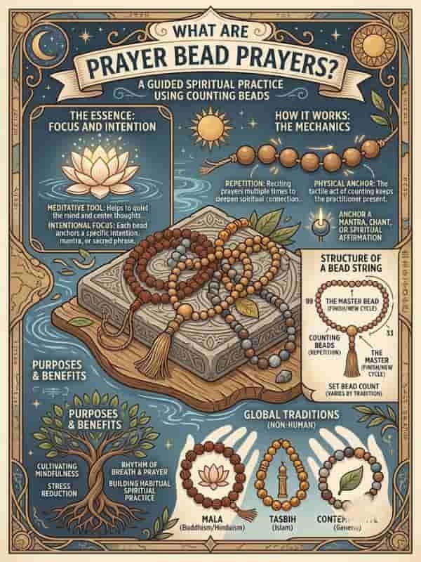 An informative graphic titled "What Are Prayer Bead Prayers?", explaining prayer bead meditation, its mechanics, bead string structures, and global traditions such as Mala and Tasbih using ornate illustrations, lotus motifs, and tree graphics.