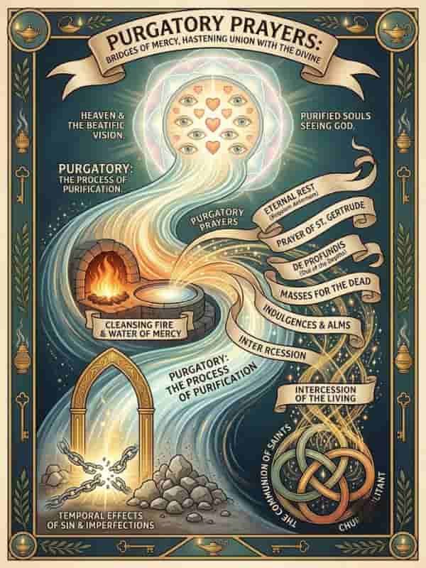 An illustrated diagram titled "Purgatory Prayers," depicting the spiritual process of purification, intercession, and soul cleansing through ribbon labels, symbolic flames, water, and intricate geometric nodes.