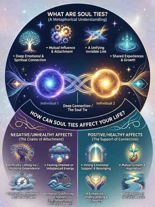 An infographic explaining soul ties as a deep, invisible bond between two individuals, highlighting both positive effects like emotional support and growth, and negative effects like emotional dependence and drained energy.