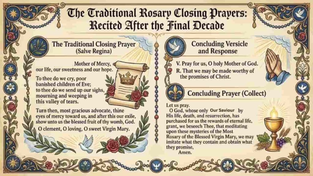 An illustrated guide titled "The Traditional Rosary Closing Prayers: Recited After the Final Decade" featuring ornate floral borders, decorative scrollwork, a crown, a chalice with a glowing flame, and doves. The text displays the Salve Regina, concluding versicle and response, and the final collect prayer.