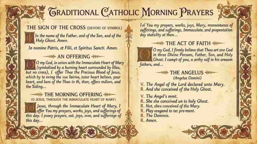 An open antique parchment manuscript with intricate botanical borders displaying traditional Catholic morning prayers in stylized typography.