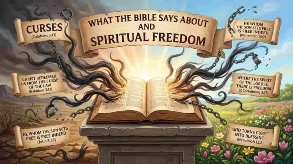 An open Bible resting on a stone pedestal in a divided landscape, with breaking chains and dark vapors giving way to vibrant wildflowers, surrounded by parchment scrolls displaying biblical scriptures about curses and spiritual freedom.