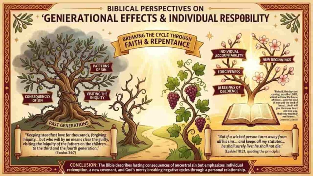 An infographic titled "Biblical Perspectives on Generational Effects & Individual Responsibility" illustrating scriptural verses on past generations, individual accountability, and new beginnings.