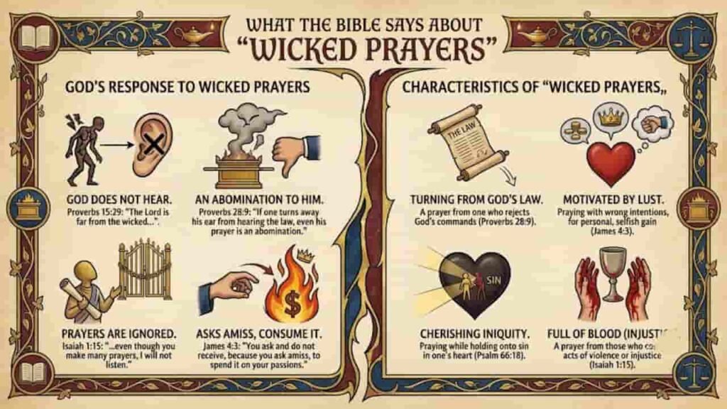 An infographic titled "What the Bible Says About Wicked Prayers," detailing God's response to wicked prayers and the characteristics of wicked prayers through specific scripture references.
