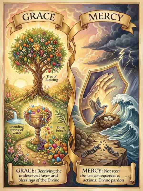 Illustrative split-panel diagram defining Grace and Mercy using symbolic imagery, featuring a fruitful tree and overflowing treasure cup for Grace, alongside broken chains and stormy sea elements for Mercy.