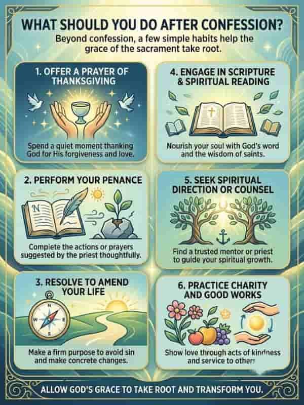 Infographic titled "What Should You Do After Confession?" outlining six steps to allow grace to take root: offering a thanksgiving prayer, performing penance, resolving to amend life, reading scripture, seeking spiritual direction, and practicing charity.