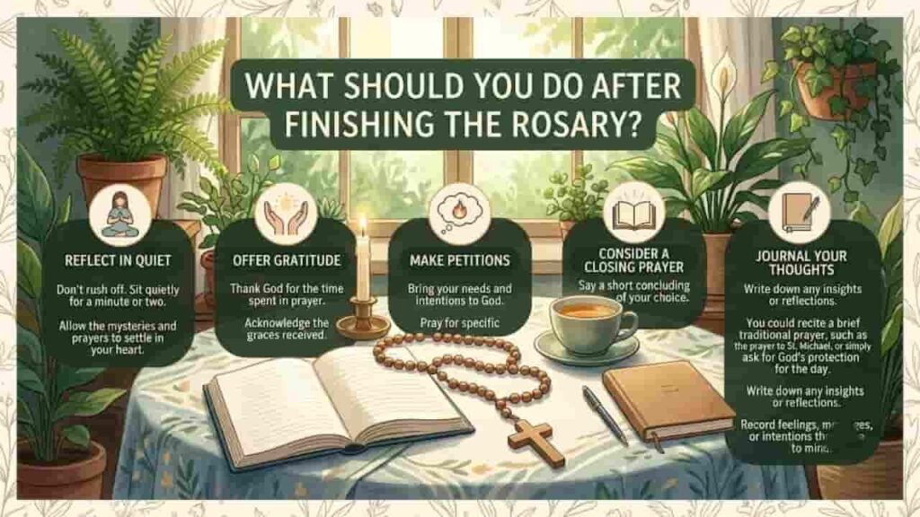 An infographic titled "What Should You Do After Finishing the Rosary?" displayed above a serene tabletop scene featuring an open Bible, rosary beads, a candle, a notebook, and houseplants.