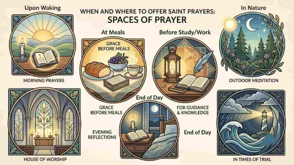 An illustration depicting various times and places to recite prayers to saints, framed in decorative panels.