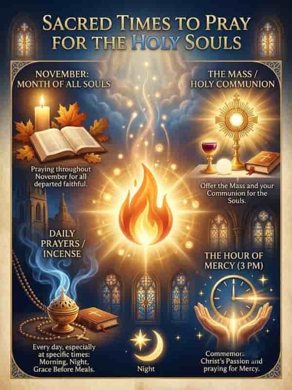 An infographic titled "Sacred Times to Pray for the Holy Souls" featuring sacred symbols, a central flame, an open Bible with autumn leaves, a monstrance, a glowing clock set to 3:00 PM, and a burning censer.