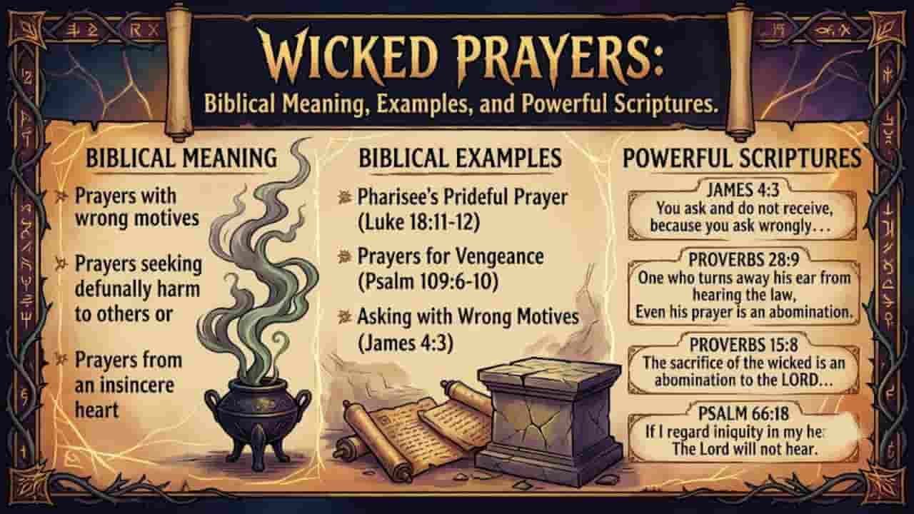An infographic titled "Wicked Prayers: Biblical Meaning, Examples, and Powerful Scriptures" framed by an ornate dark vine border. The graphic features three main columns with parchment-like backgrounds detailing biblical concepts, accompanied by illustrations of a burning censer emitting green smoke, ancient paper scrolls, and a stone altar.
